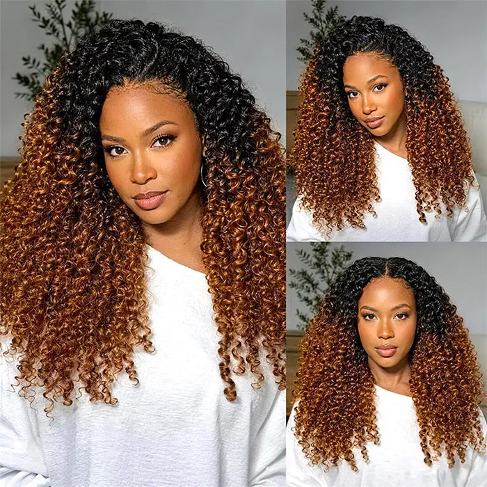 Two Tone Ombre Curly Human Hair Wigs with 4C Edge Hairline Drawstring Glueless HD Frontal Wig Pre Cut Lace