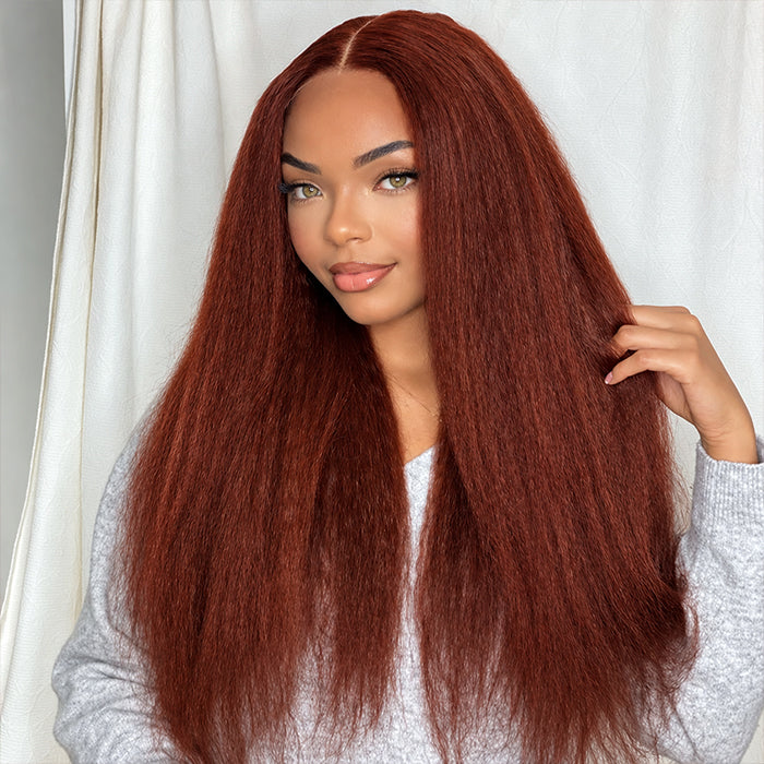 Kinky Straight Reddish Brown Colored Wig Pre Plucked Hairline Glueless HD Lace Human Hair Wigs with Drawstring