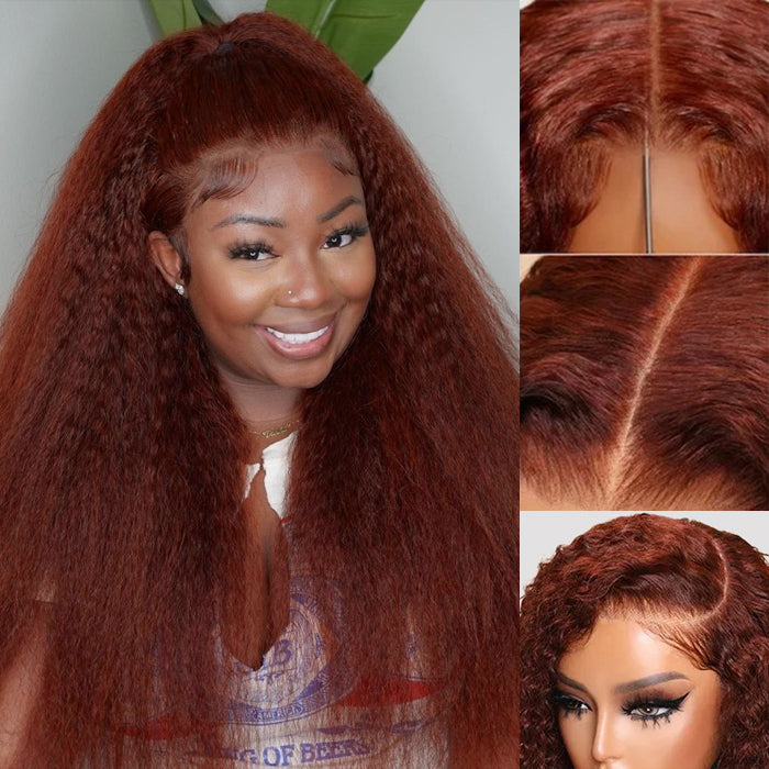 Kinky Straight Reddish Brown Colored Wig Pre Plucked Hairline Glueless HD Lace Human Hair Wigs with Drawstring