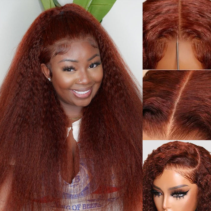 Kinky Straight Reddish Brown Colored Wig Pre Plucked Hairline Glueless HD Lace Human Hair Wigs with Drawstring