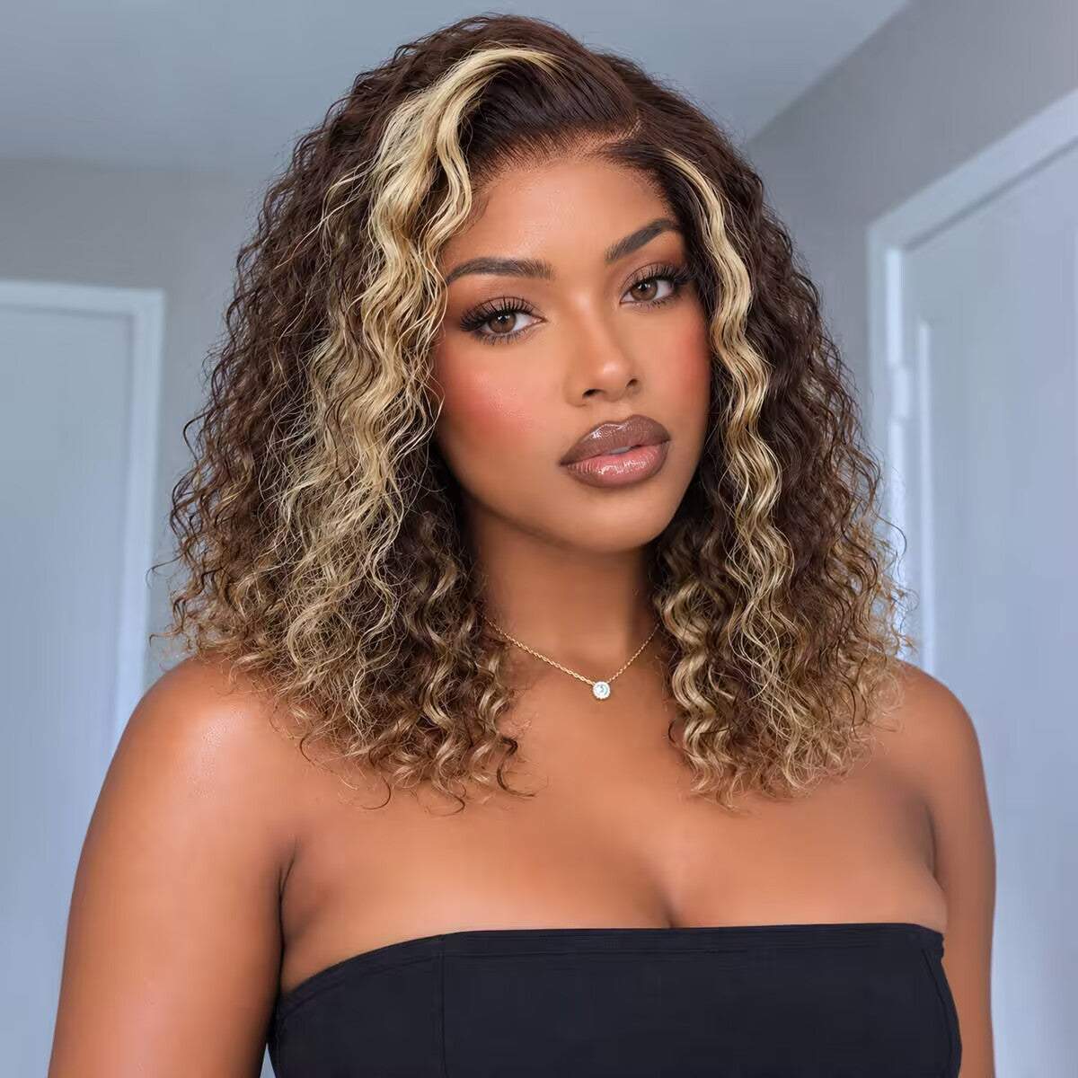 Ombre Blonde Highlight Water Wave Short Bob Wig Put on go Glueless Human Hair Wig with Pre Plucked Hairline Pre Cut Lace