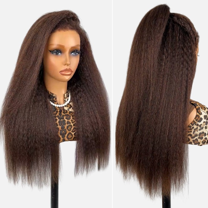 4C Kinky Edges Wig Kinky Straight #4 Chocolate Brown Color 13x4 HD Transparent Lace Front Human Hair Glueless Wigs