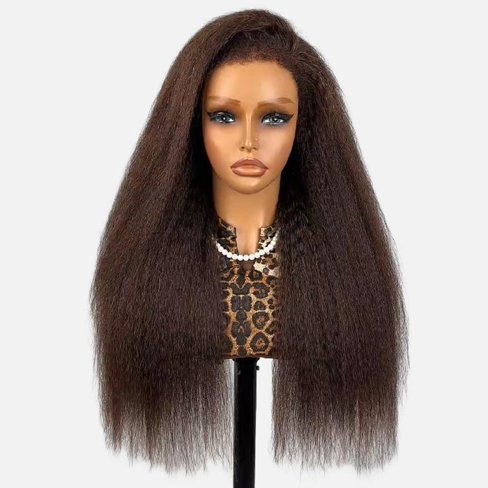 4C Kinky Edges Wig Kinky Straight #4 Chocolate Brown Color 13x4 HD Transparent Lace Front Human Hair Glueless Wigs