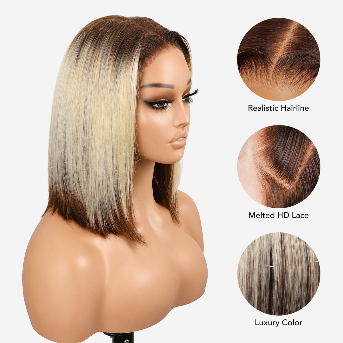 Ombre Blonde Bob Wigs Straight Bob Lace Front Wig Glueless HD Lace Human Hair 250% Density