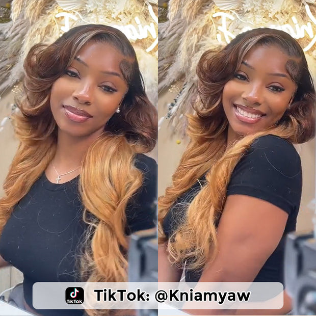Ombre Lace Front Wigs with Blonde Highlight #T1B/4/27 Three Tone Brazilian Body Wave HD Lace Human Hair Wigs