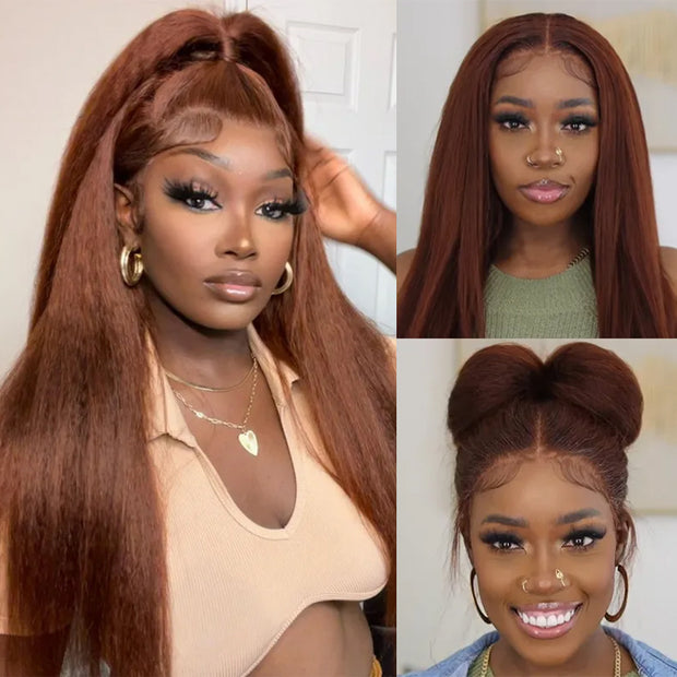 Glueless HD Lace Front Wigs Virgin Human Hair Kinky Straight Wigs #33 Reddish Brown Color