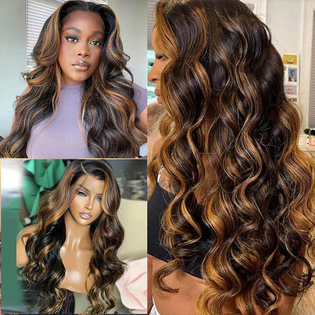 Glueless Hd Lace Wig Dark Brown with Blonde Highlights Body Wave