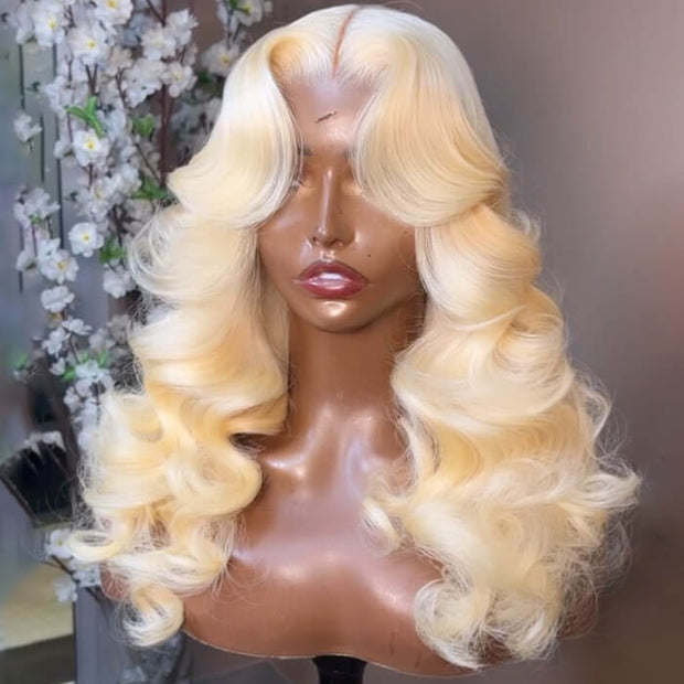 613 Blonde Curtain Bangs Body Wave Wig Pre Plucked Glueless HD Lace Human Hair Wigs