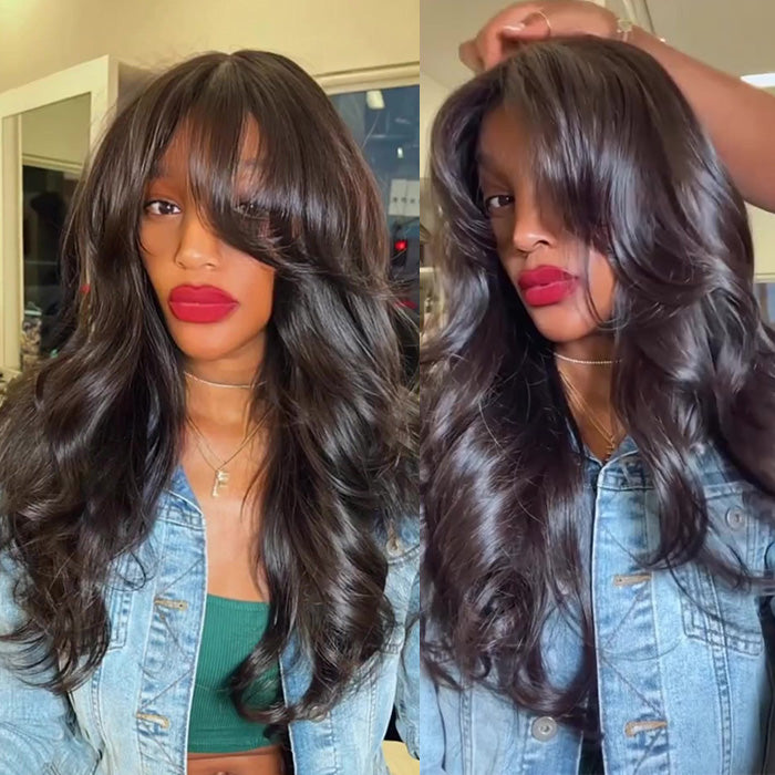 Face-Framing Curtain Bangs Body Wave Glueless 13x4 HD Lace Front Wigs Human Hair 220% Density