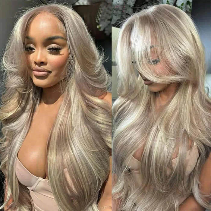 Blonde Highlight Curtain Bangs Body Wave Wigs 13x6 HD Lace Frontal Layered Human Hair Wigs