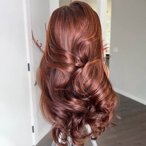 #33 Reddish Brown Curtain Bangs Wigs 13x4 HD Lace Front Human Hair Wig