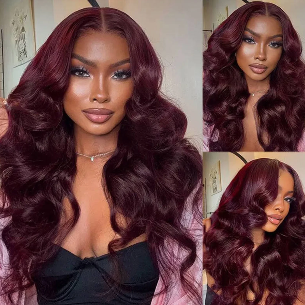 Black Cherry Body Wave 360 Lace Frontal Wigs Invisible-Pull String Glueless HD Lace Pre Everthing Wig