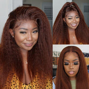 #33 Red Brown Auburn Colored Kinky Straight 13x6 HD Transparent Lace Frontal Wigs
