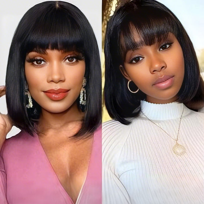 Short Bob Straight Wig With Bangs Glueless None Lace Full Machinemade Human Hair Wigs Quick Install