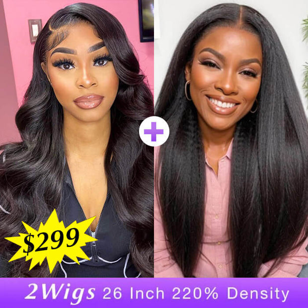 [2Wigs 26inch] Body Wave & Kinky Straight 3S Install 8x5 Closure HD Lace Glueless Wig