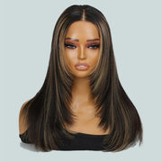 Layered Cut #1B/27 Blonde Highlights Pre Plucked 13x4 HD Lace Frontal Wig Straight Human Hair Wigs