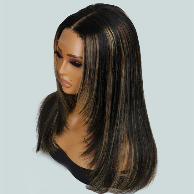 Layered Cut #1B/27 Blonde Highlights Pre Plucked 13x4 HD Lace Frontal Wig Straight Human Hair Wigs