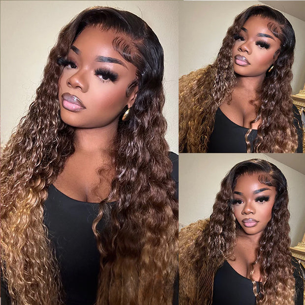 Ombre Highlights Water Wave Glueless 8x5 Closure HD Lace Wig Virgin Human Hair