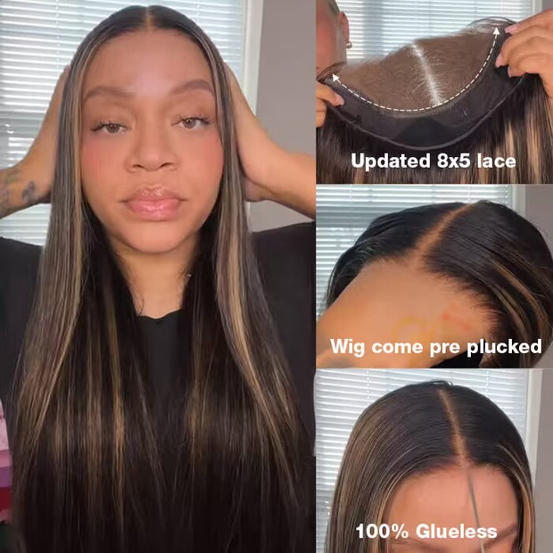 Glueless Highlight Wig 8x5 Closure HD Lace 100% Human Hair Wigs Beginner Friendly