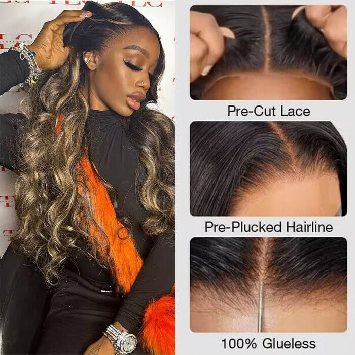 Blonde Highlight 8 by 5 Pre Cut HD Lace Closure Wigs #P1B27 Color Glueless Wear & Go Wig