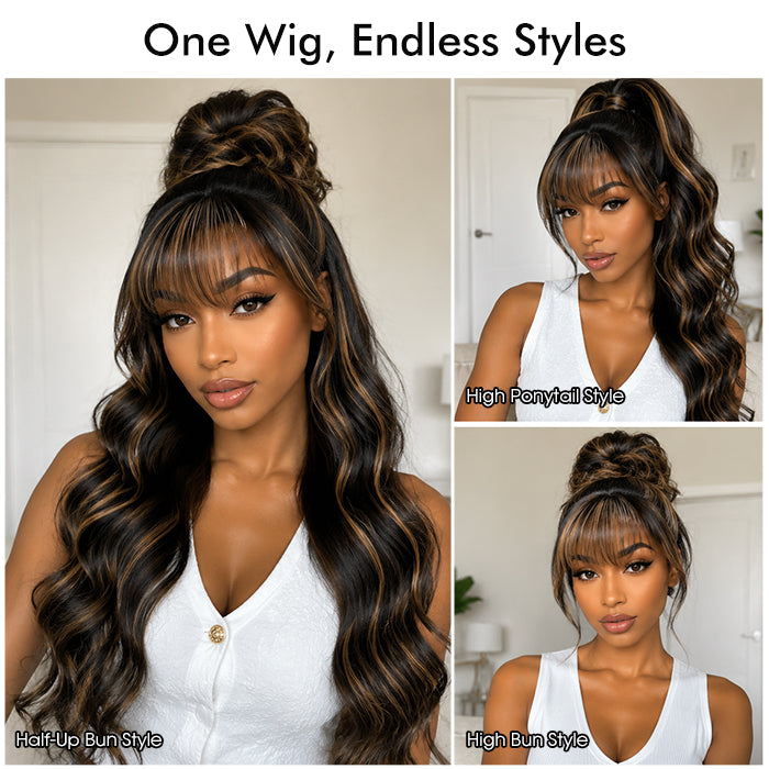 Blonde Highlights Body Wave With Bangs Glueless 13×4 Lace Front Wigs Human Hair