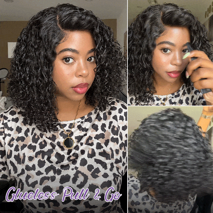 [US 24H Ship] 300% Density Glueless C Side Part Curly Short Bob HD Lace Wig with Drawstring Human Hair Pre Cut