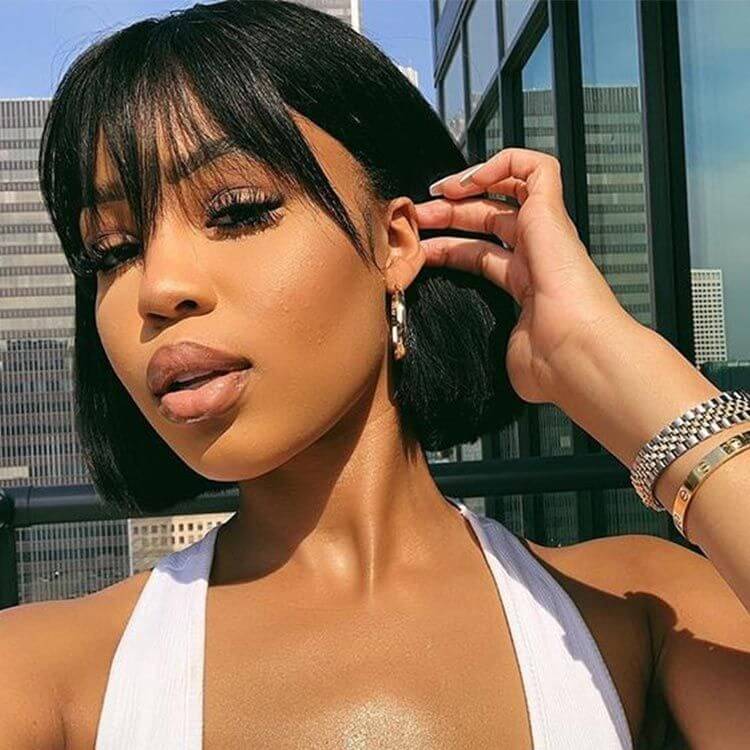 Glueless Short Bob Wig With Bangs 150% Full Density | New Girl Bonus