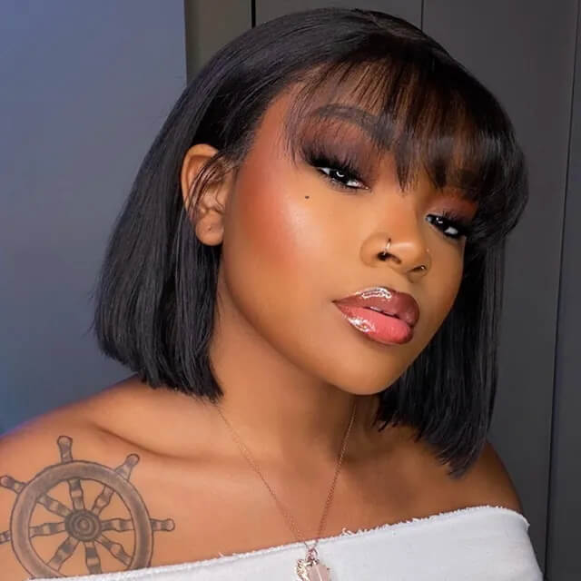 Glueless Short Bob Wig With Bangs 150% Full Density | New Girl Bonus