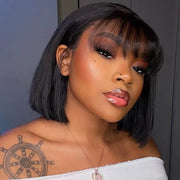 Glueless Short Bob Wig With Bangs 150% Full Density | New Girl Bonus
