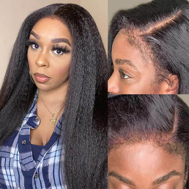 Kinky Edges Hairline Glueless Kinky Straight HD Lace Front Human Hair Wigs Pre Bleached