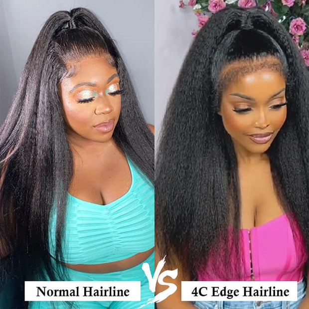 Kinky Edges Hairline Glueless Kinky Straight HD Lace Front Human Hair Wigs Pre Bleached