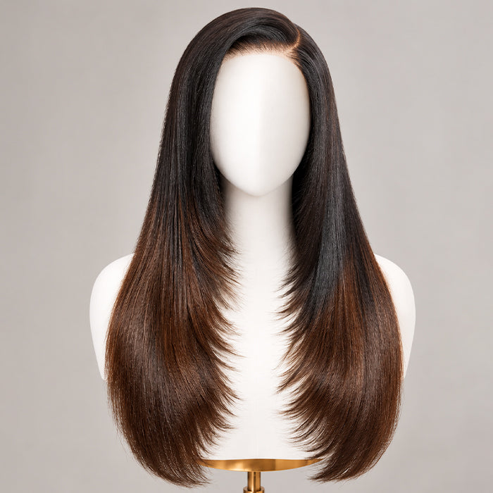 Ombre Brown Layered Cut Straight Glueless 8x5 Closure HD Lace Human Hair Wig Pre-Cut Lace