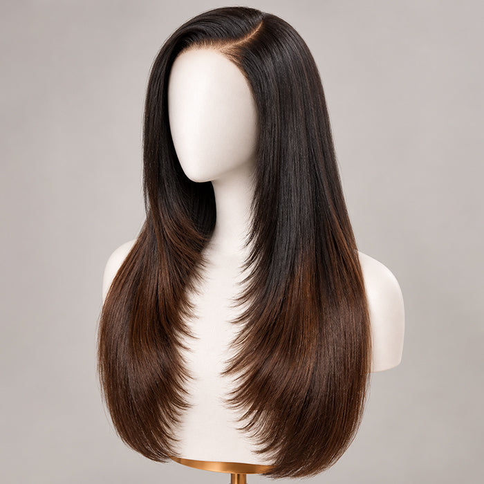 Ombre Brown Layered Cut Straight Glueless 8x5 Closure HD Lace Human Hair Wig Pre-Cut Lace