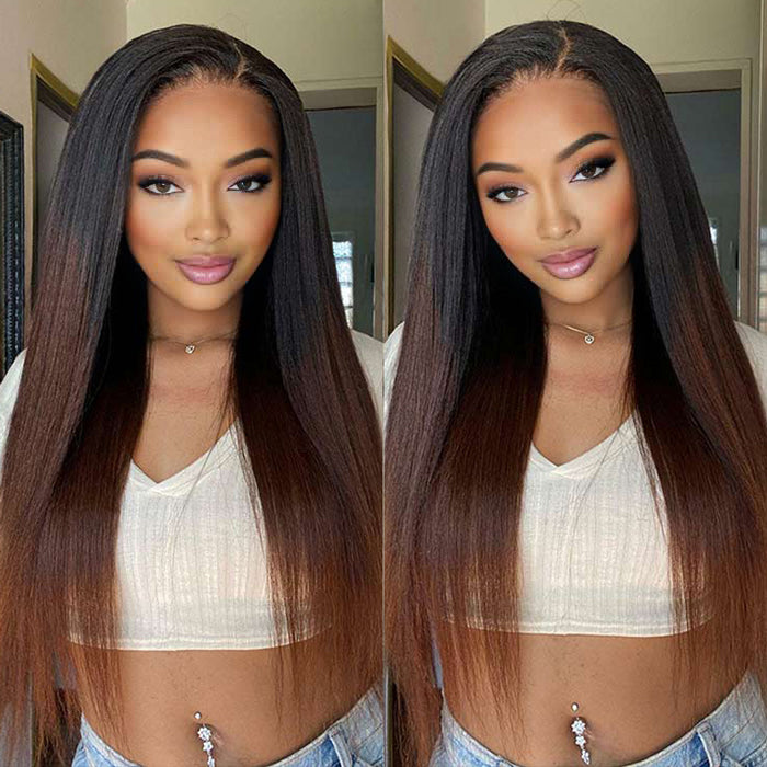 Ombre Brown Color Yaki Straight 13x6 HD Transparent Skin Melt Lace Front Wig Human Hair Wigs