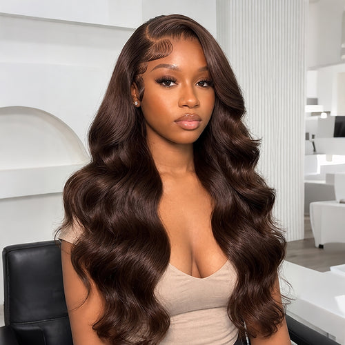 [US 24H Ship] 3D Body Wave #4 Chocolate Brown Glueless Wig 220% Density 13x4 HD Lace Human Hair Wigs