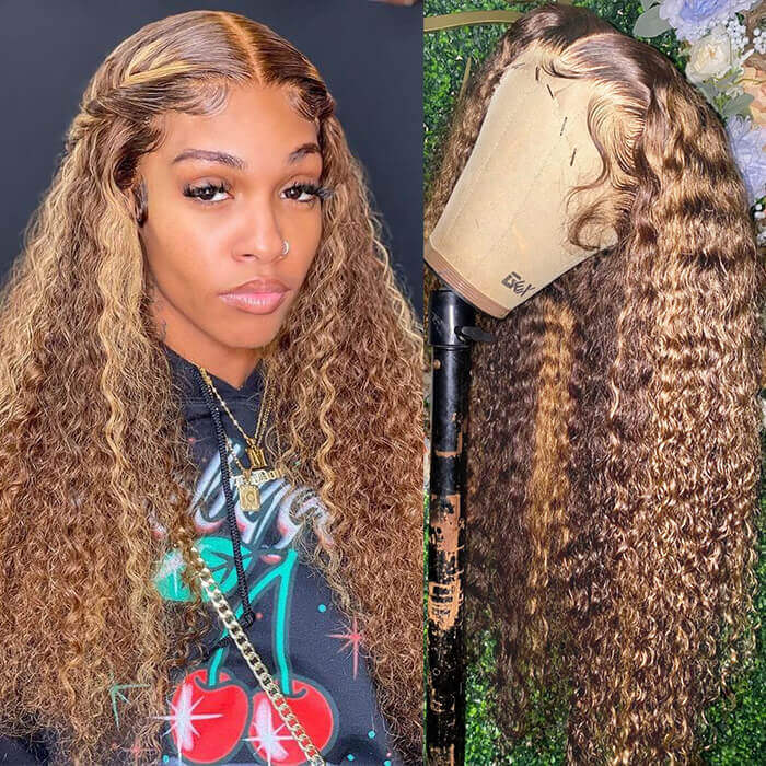 4/27 honey blonde highlight jerry curly lace front wig