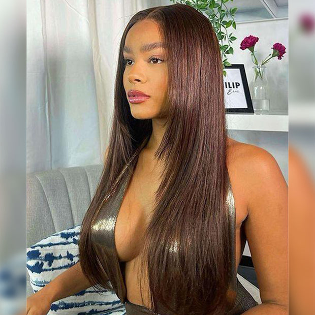 #4 Chocolate Brown Layered Cut Straight 13x4 HD Lace Front Wig Glueless Human Hair Wigs