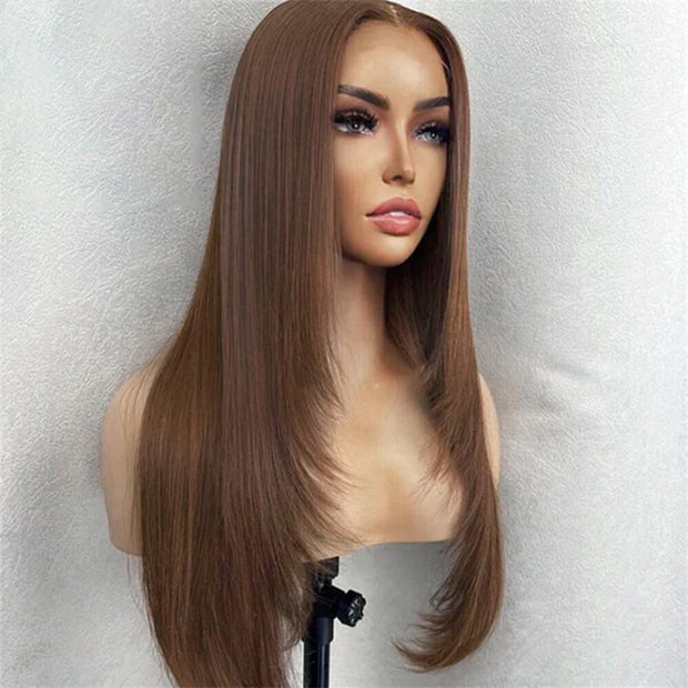 #4 Chocolate Brown Layered Cut Straight 13x4 HD Lace Front Wig Glueless Human Hair Wigs