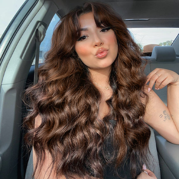 Chestnut Brown Body Wave Glueless 13x4/5x5 HD Lace Closure Wig With Curtain Bangs