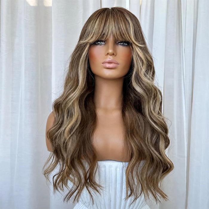 Ash Brown Blond Highlight Body Wave Human Hair Wig With Bangs Virgin Human Hair Lace Front Wigs