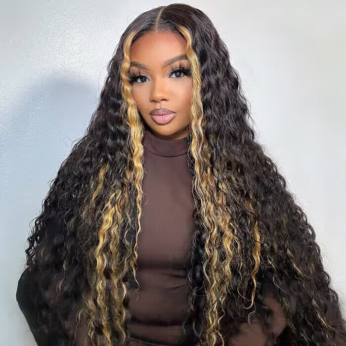 Wet and Wavy Water Wave Human Hair Wigs With Peekaboo Highlights Glueless Lace Front Wig with Pre Plucked Hairline
