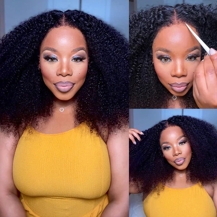 18" = $129 Afro Kinky Curly Human Hair Wig with 4c Kinky Edge Hairline Glueless HD Lace Wig Flexi-Fit Drawstring Cap