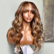 4/27 Honey Blond Highlight Body Wave Wig With Bangs Full Machinemade Wig/13x4/4x4 HD Lace Front Human Hair Wigs