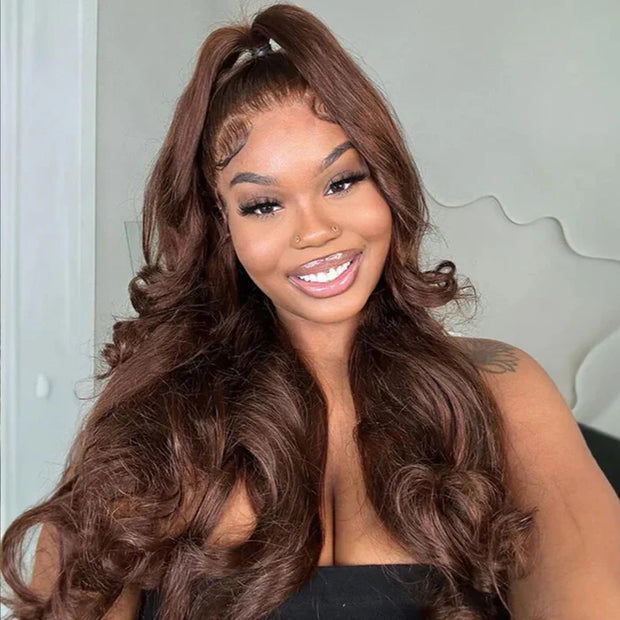 Chocolate Brown Color Put on go® Glueless Wig Pre Cut 8x5 HD Lace Human Hair Wigs For Women