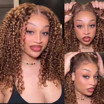 [US 24H Ship] #4/27 Highlight Color Glueless Pull Go Drawstring 13x4 HD Lace Edges Blonde Highlight Curly Human Hair Lace Wig