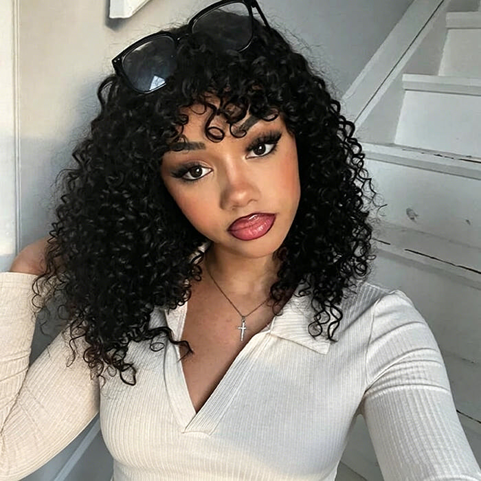 Curly Short Bob Wig With Bangs None Lace Full Machinemade Human Hair Wigs Glueless Beginner Friendly