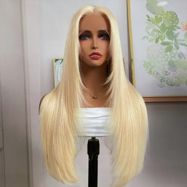 Layered Cut 613 Blonde Pre Plucked Glueless Straight 13x4 13x6 HD Transparent Lace Wigs