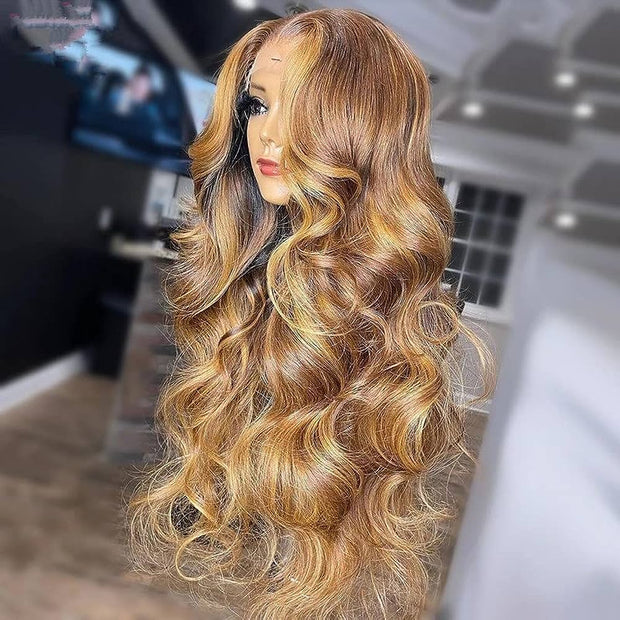 Curtain Bangs Body Wave Human Hair Wig Blonde Highlight 13x4 HD Lace Frontal Wig