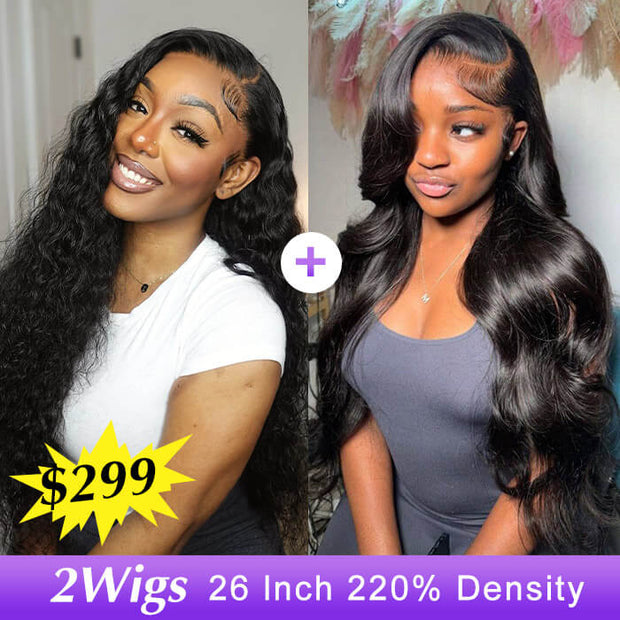 [2Wigs 26inch] Left C Part Water Wave & Body Wave 8x5 Pre Cut Lace & Pre Bleached Glueless Wig
