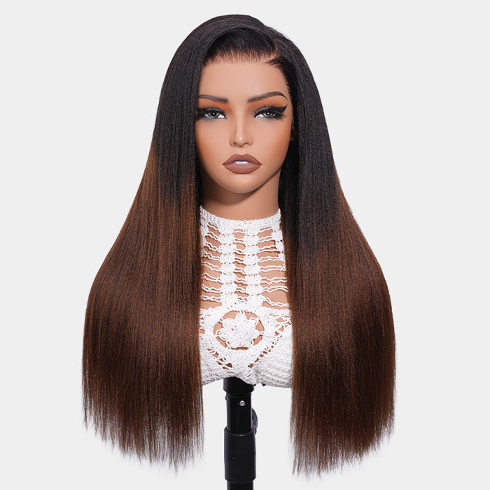 Ombre Brown Color Yaki Straight 13x6 HD Transparent Skin Melt Lace Front Wig Human Hair Wigs